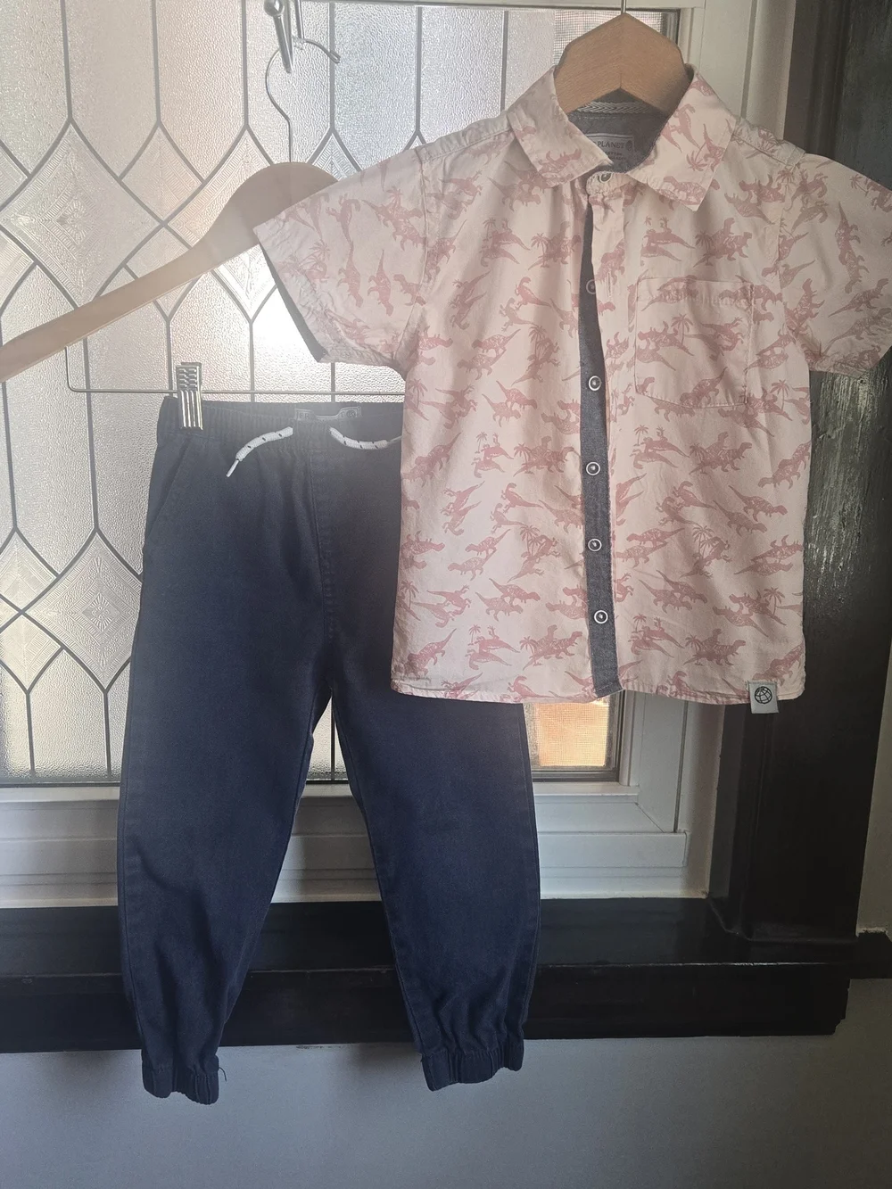 Free Planet Boys Short Sleeve Dino Print Button-Up with Navy Joggers